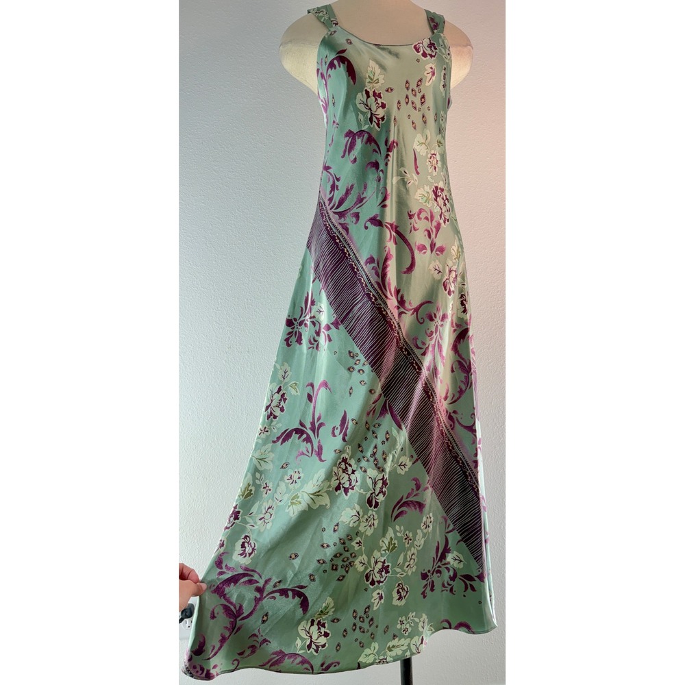 VTG Y2K Jones New York Sage Green Slip Midi Maxi Dress Floral Satin Fairy Petite